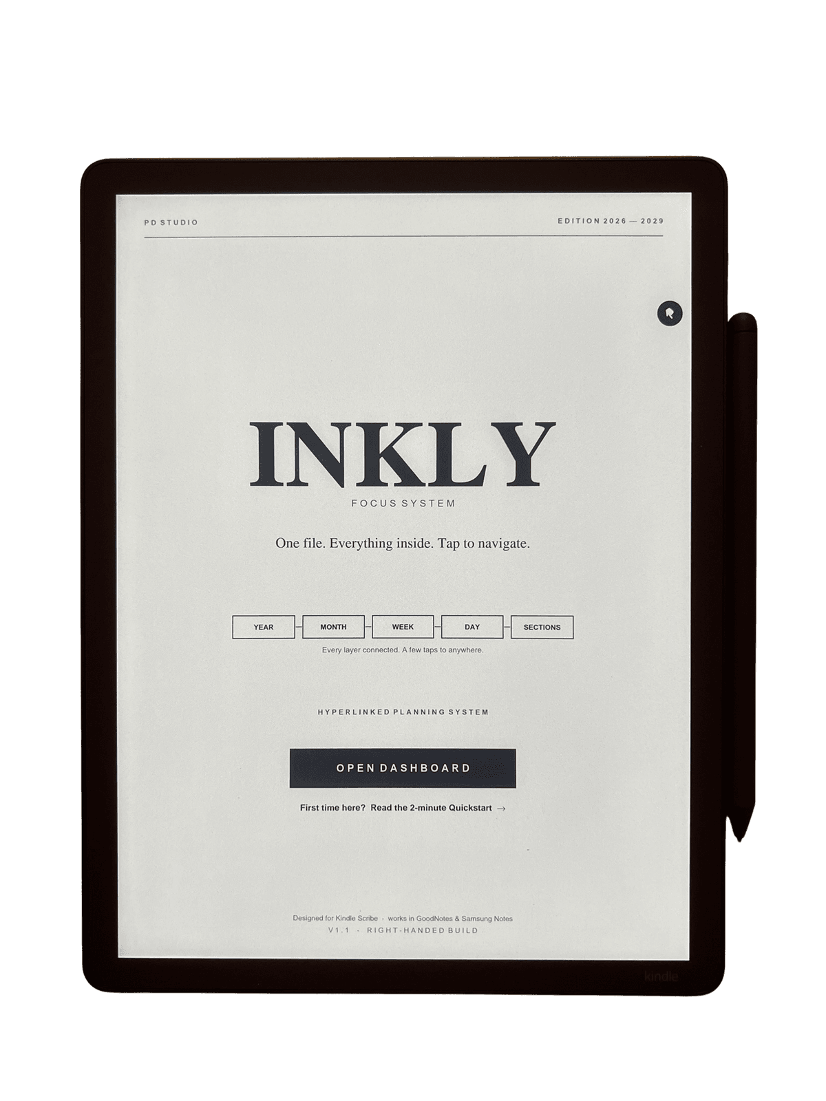 The INKLY Focus System cover displayed on a Kindle Scribe with a calm, paper-like monochrome design