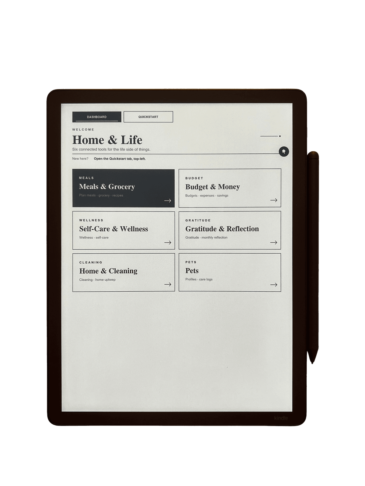 INKLY Home & Life dashboard on a Kindle Scribe with sections for meals, budget, wellness, gratitude, cleaning and pets