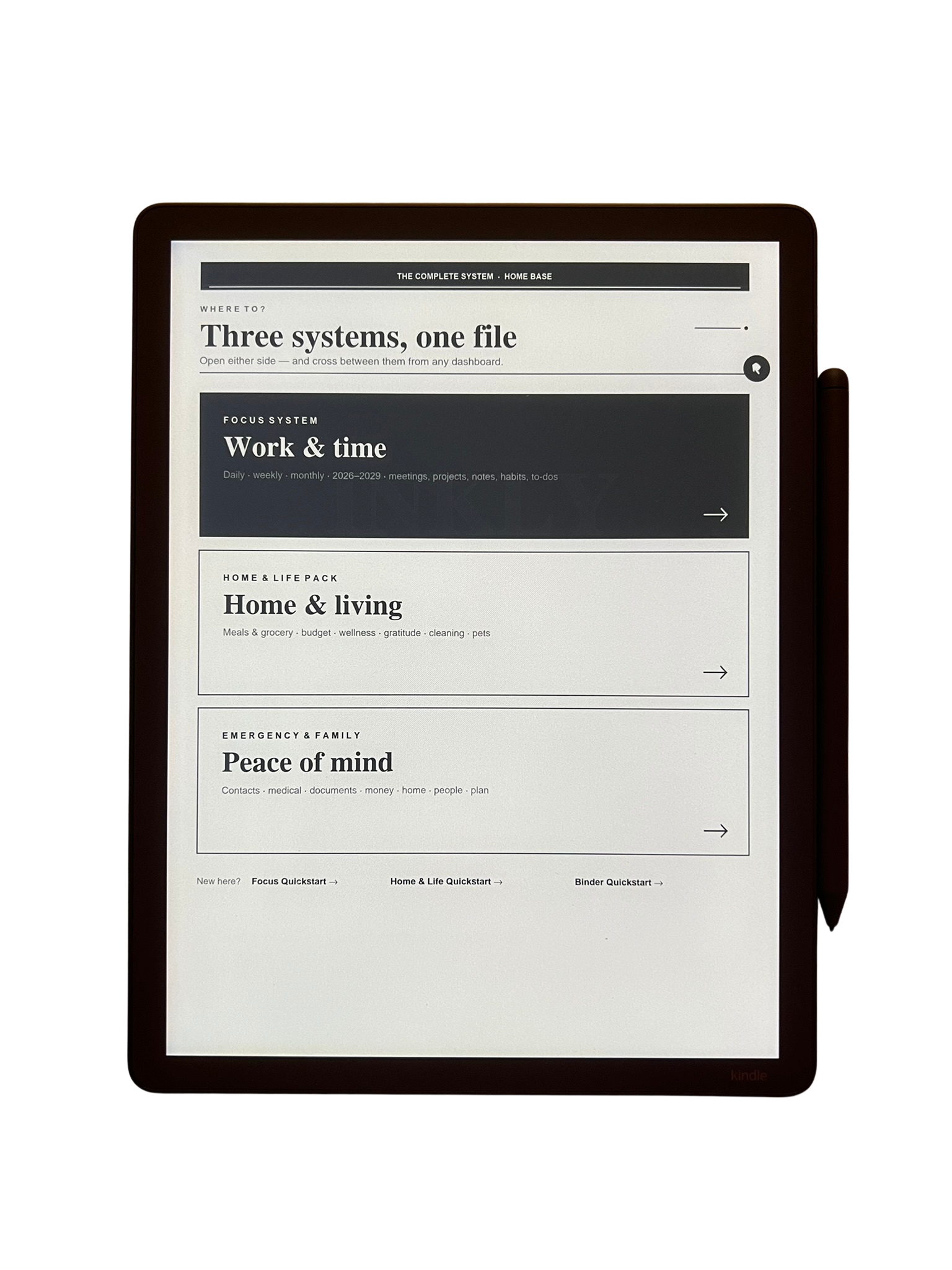 The INKLY Complete dashboard on a Kindle Scribe, showing tappable cards for each system