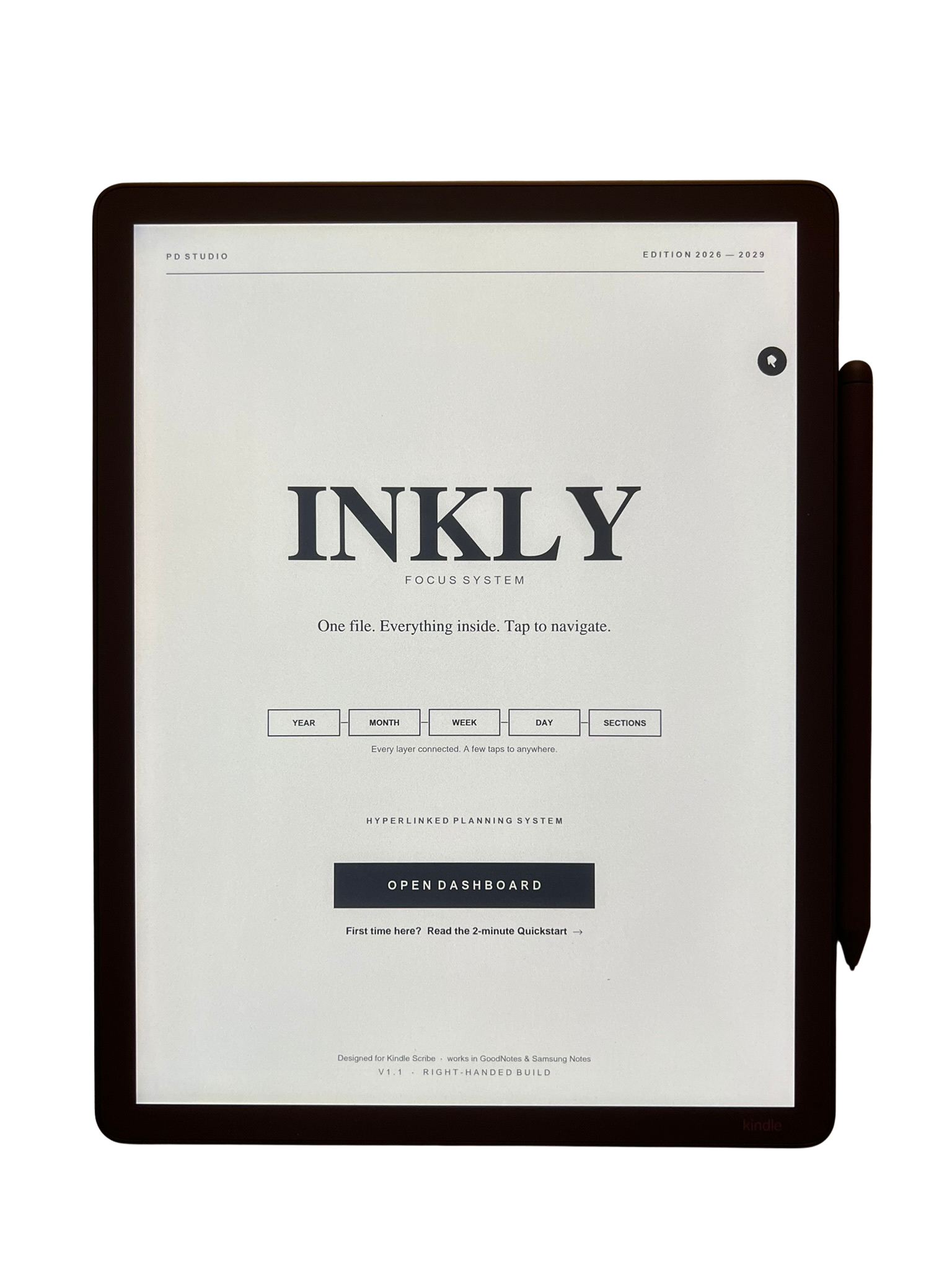 The INKLY Focus System cover displayed on a Kindle Scribe with a calm, paper-like monochrome design