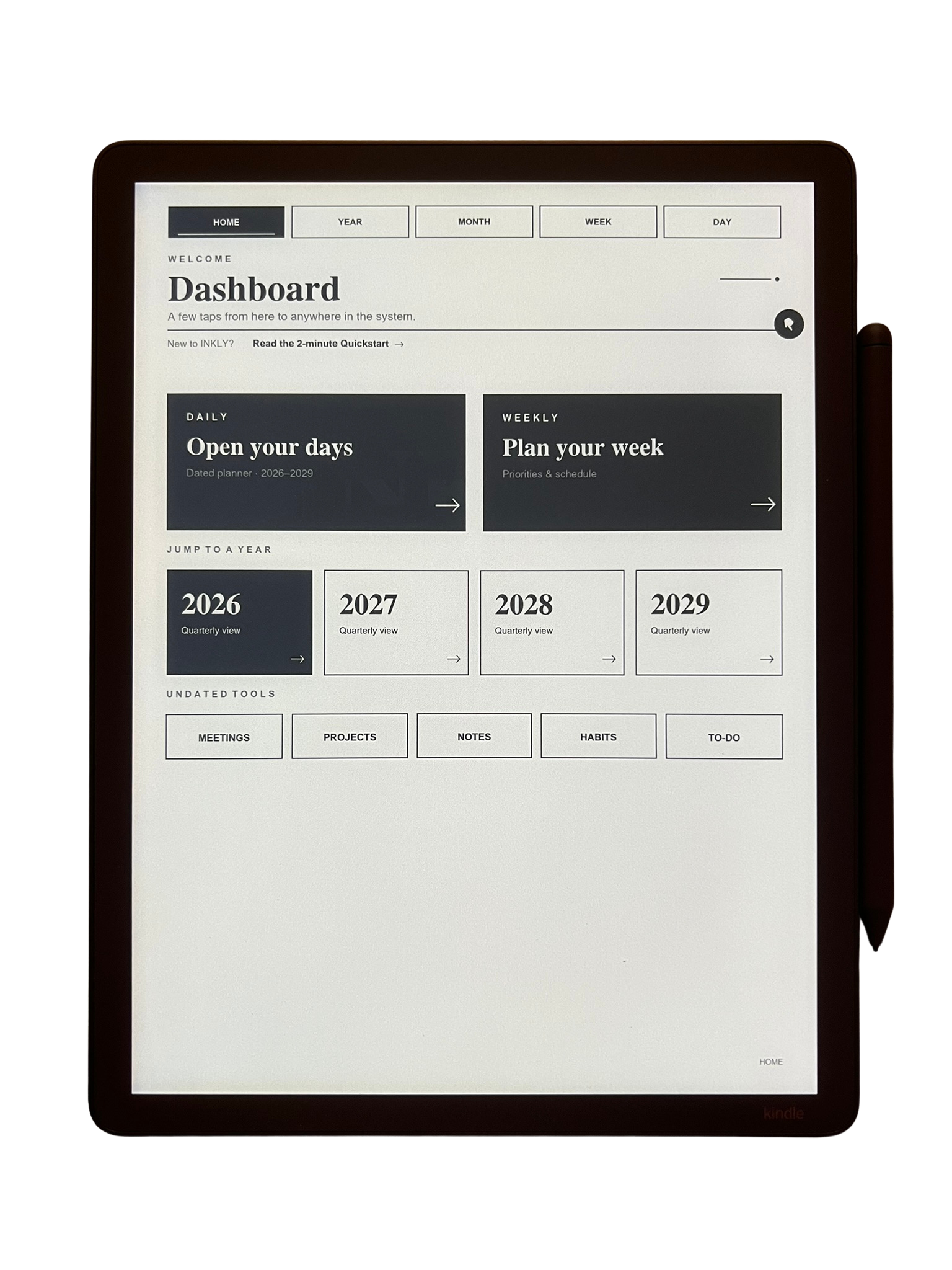 INKLY Core dashboard on a Kindle Scribe with quick links to 2026 through 2029 and daily, weekly and monthly views