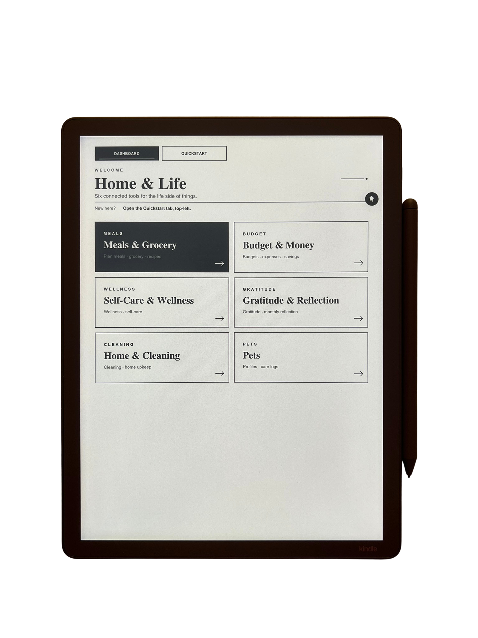 INKLY Home & Life dashboard on a Kindle Scribe with sections for meals, budget, wellness, gratitude, cleaning and pets